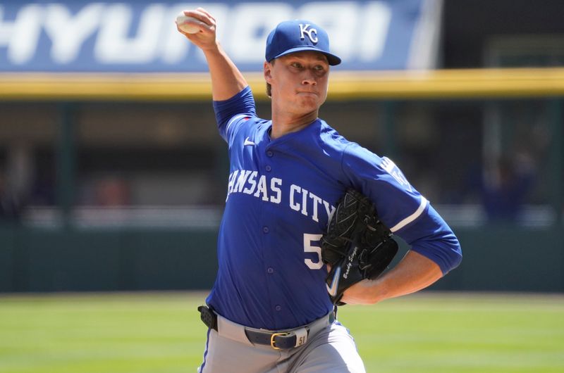 Jul 31, 2024; Chicago, Illinois, USA; Kansas City Royals pitcher Brady Singer (51) throws against the Chicago White Sox during the first inning at Guaranteed Rate Field. Mandatory Credit: David Banks-USA TODAY Sports