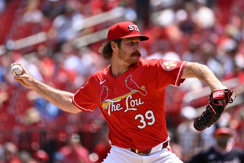 Jul 28, 2024; St. Louis, Missouri, USA; St. Louis Cardinals starting pitcher Miles Mikolas (39) throws against the Washington Nationals during the first inning at Busch Stadium. Mandatory Credit: Jeff Le-USA TODAY Sports