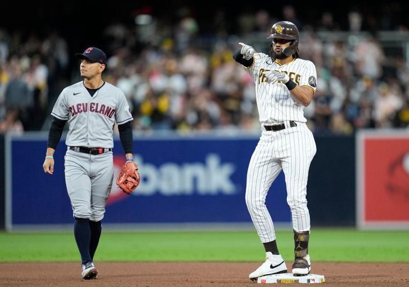 Jun 14, 2023; San Diego, California, USA;  San Diego Padres right fielder Fernando Tatis Jr. (23) reacts to his double against the Cleveland Guardians during the fourth inning at Petco Park. Mandatory Credit: Ray Acevedo-USA TODAY Sports