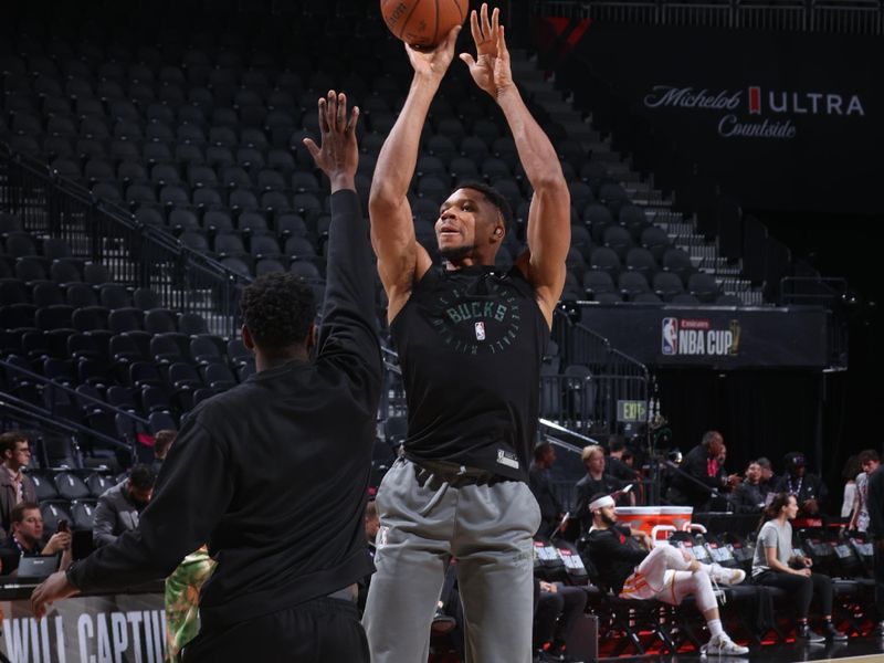 LAS VEGAS, NV - DECEMBER 14: Giannis Antetokounmpo #34 of the Milwaukee Bucks warms up before the game against the Atlanta Hawks during the Emirates NBA Cup Semifinal game on December 14, 2024 at T-Mobile Arena in Las Vegas, Nevada. NOTE TO USER: User expressly acknowledges and agrees that, by downloading and/or using this Photograph, user is consenting to the terms and conditions of the Getty Images License Agreement. Mandatory Copyright Notice: Copyright 2024 NBAE (Photo by Nathaniel S. Butler/NBAE via Getty Images)