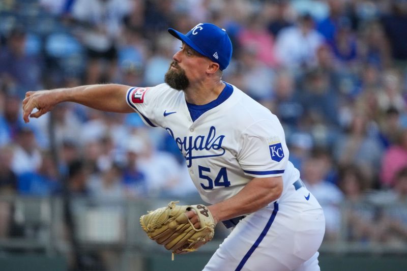 Jun 12, 2024; Kansas City, Missouri, USA; Kansas City Royals starting pitcher Dan Altavilla (54) delivers a pitch against the New York Yankees in the first inning at Kauffman Stadium. Mandatory Credit: Denny Medley-USA TODAY Sports