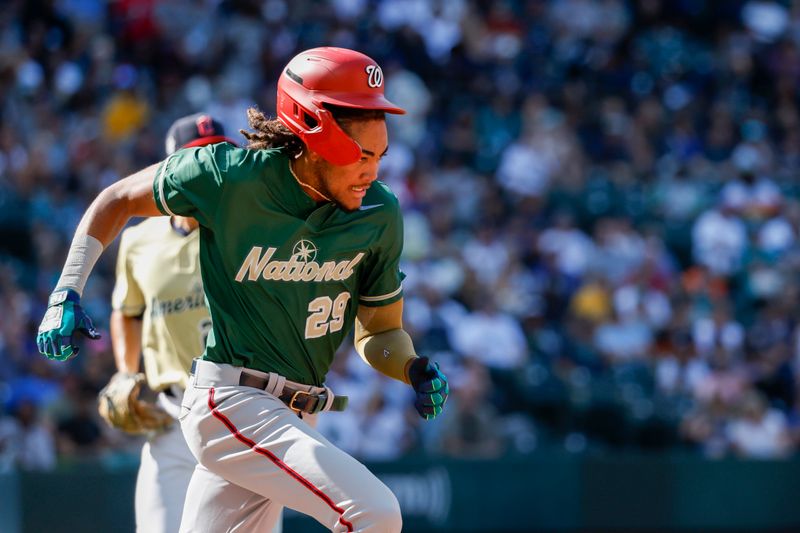 Jul 8, 2023; Seattle, Washington, USA; National League Futures right fielder James Wood (29) of the Washington Nationals sprints for first base during a ground out in the third inning of the All Star-Futures Game at T-Mobile Park. Mandatory Credit: Joe Nicholson-USA TODAY Sports