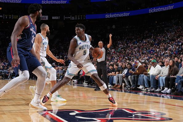 PHILADELPHIA, PA - DECEMBER 20: Anthony Edwards #5 of the Minnesota Timberwolves dribbles the ball during the game against the Philadelphia 76ers on December 20, 2023 at the Wells Fargo Center in Philadelphia, Pennsylvania NOTE TO USER: User expressly acknowledges and agrees that, by downloading and/or using this Photograph, user is consenting to the terms and conditions of the Getty Images License Agreement. Mandatory Copyright Notice: Copyright 2023 NBAE (Photo by Jesse D. Garrabrant/NBAE via Getty Images)