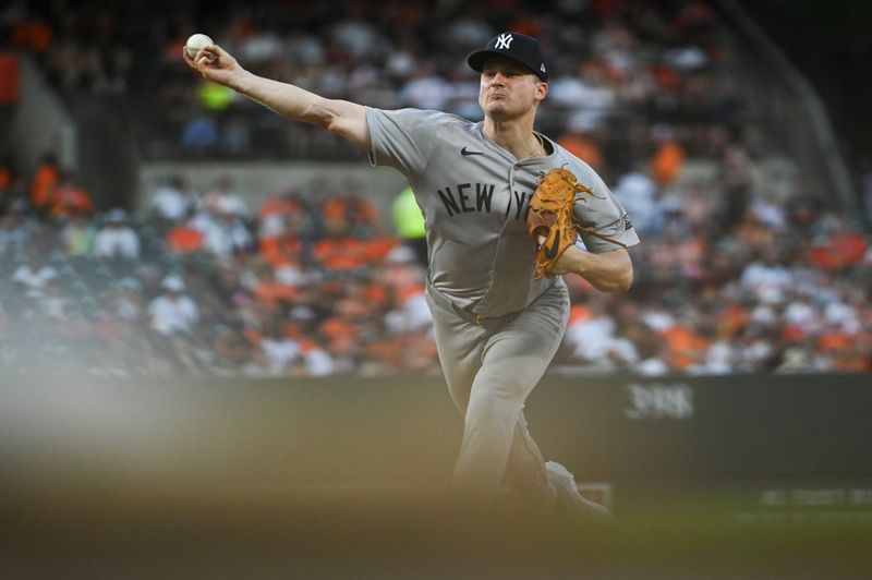 Apr 29, 2024; Baltimore, Maryland, USA;  New York Yankees pitcher Clarke Schmidt (36) throws a third inning pitch against the Baltimore Orioles at Oriole Park at Camden Yards. Mandatory Credit: Tommy Gilligan-USA TODAY Sports