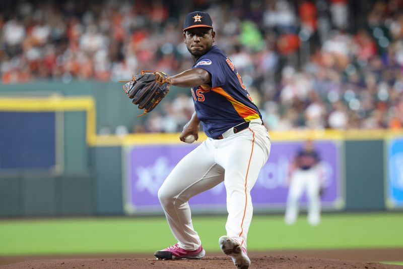 May 11, 2025; Houston, Texas, USA; Houston Astros starting pitcher Ronel Blanco (56) delivers a pitch during the second inning against the Cincinnati Reds at Daikin Park. Mandatory Credit: Troy Taormina-Imagn Images