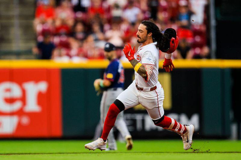 Sep 18, 2024; Cincinnati, Ohio, USA; Cincinnati Reds second baseman Jonathan India (6) runs to third base after hitting a triple in the third inning against the Atlanta Braves at Great American Ball Park. Mandatory Credit: Katie Stratman-Imagn Images