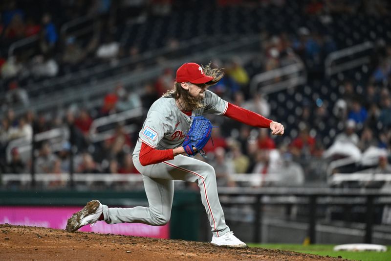 Sep 27, 2024; Washington, District of Columbia, USA;  Philadelphia Phillies pitcher Matt Strahm (25) delivers a pitch against the Washington Nationals during the sixth inning at Nationals Park. Mandatory Credit: James A. Pittman-Imagn Images