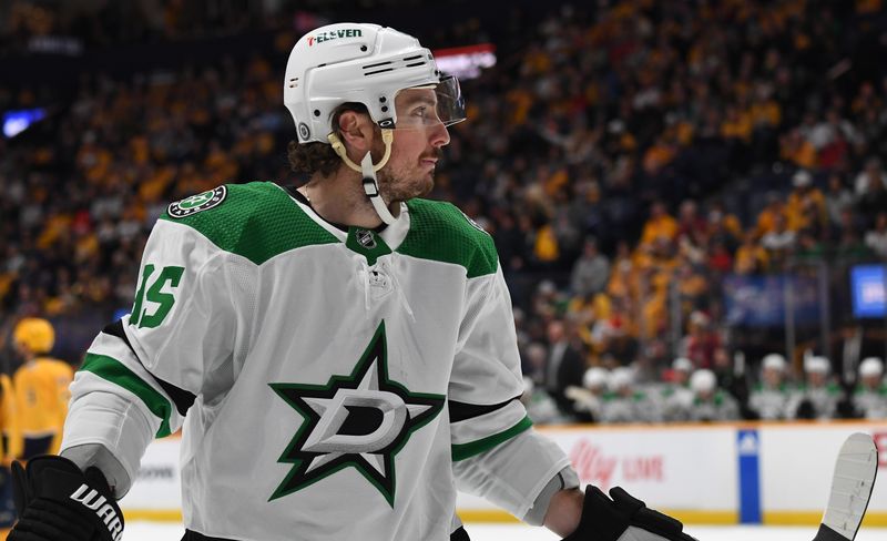 Dec 23, 2023; Nashville, Tennessee, USA; Dallas Stars center Matt Duchene (95) waits for a face off during the first period against the Nashville Predators at Bridgestone Arena. Mandatory Credit: Christopher Hanewinckel-USA TODAY Sports