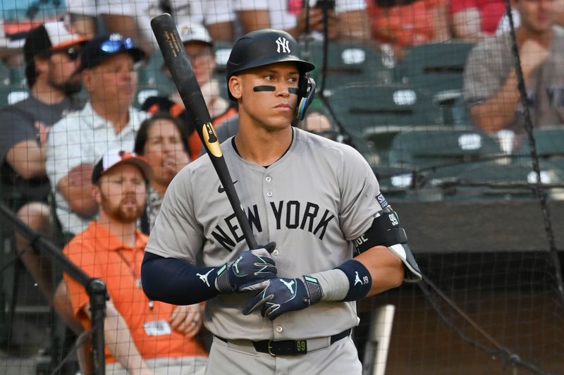 May 1, 2024; Baltimore, Maryland, USA;  New York Yankees outfielder Aaron Judge (99) awaits a first inning at-bat against the Baltimore Orioles at Oriole Park at Camden Yards. Mandatory Credit: Tommy Gilligan-USA TODAY Sports