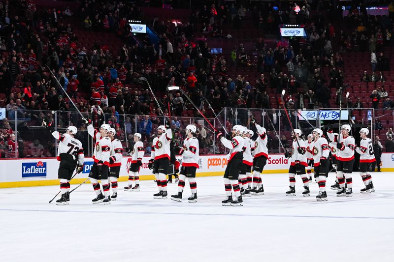 Jan 23, 2024; Montreal, Quebec, CAN; Ottawa Senators players salute their fans after the win against the Montreal Canadiens at Bell Centre. Mandatory Credit: David Kirouac-USA TODAY Sports