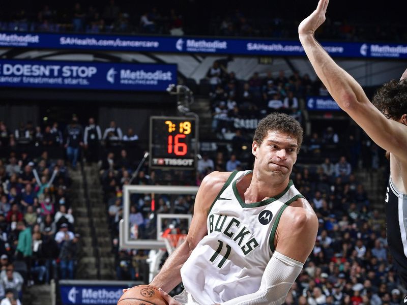 SAN ANTONIO, TX - JANUARY 4: Brook Lopez #11 of the Milwaukee Bucks drives to the basket during the game against the San Antonio Spurs on January 4, 2024 at the Frost Bank Center in San Antonio, Texas. NOTE TO USER: User expressly acknowledges and agrees that, by downloading and or using this photograph, User is consenting to the terms and conditions of the Getty Images License Agreement. Mandatory Copyright Notice: Copyright 2024 NBAE (Photo by Logan Riely/NBAE via Getty Images)