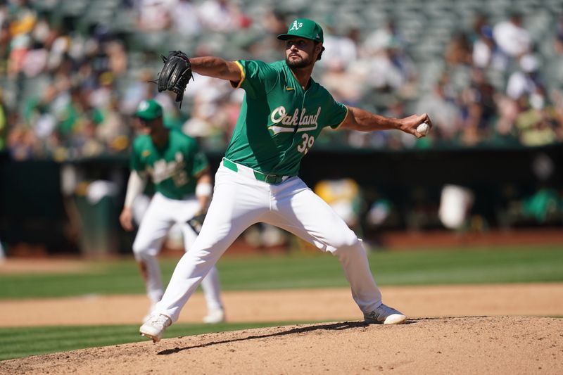 Sep 22, 2024; Oakland, California, USA; Oakland Athletics pitcher Kyle Muller (39) delivers a pitch against the New York Yankees in the fifth inning at the Oakland-Alameda County Coliseum. Mandatory Credit: Cary Edmondson-Imagn Images