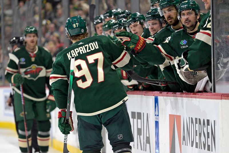 Mar 14, 2024; Saint Paul, Minnesota, USA; Minnesota Wild forward Kirill Kaprizov (97) celebrates his goal against the Anaheim Ducks during the second period at Xcel Energy Center. Mandatory Credit: Nick Wosika-USA TODAY Sports