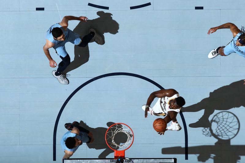 MEMPHIS, TN - FEBRUARY 12: Zion Williamson #1 of the New Orleans Pelicans drives to the basket during the game against the Memphis Grizzlies on February 12, 2024 at FedExForum in Memphis, Tennessee. NOTE TO USER: User expressly acknowledges and agrees that, by downloading and or using this photograph, User is consenting to the terms and conditions of the Getty Images License Agreement. Mandatory Copyright Notice: Copyright 2024 NBAE (Photo by Joe Murphy/NBAE via Getty Images)