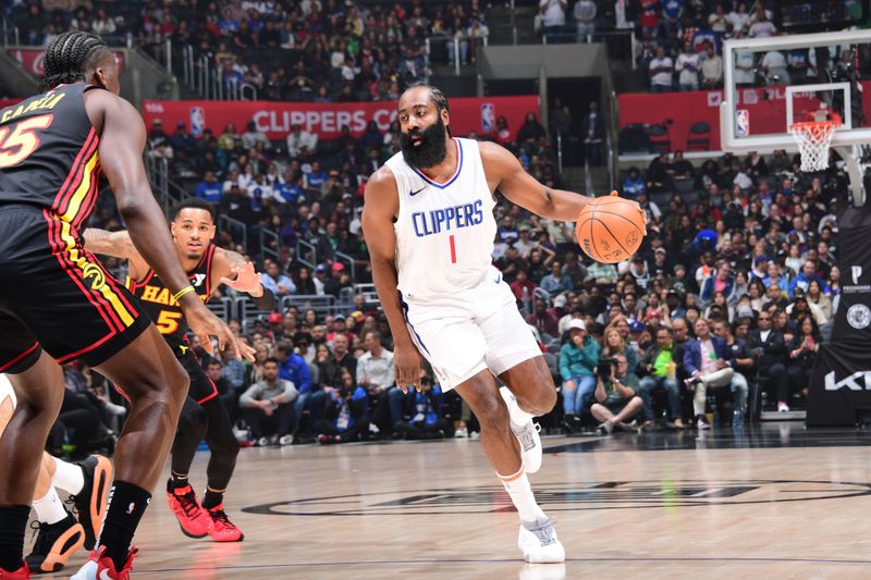 LOS ANGELES, CA - MARCH 17: James Harden #1 of the LA Clippers dribbles the ball during the game against the Atlanta Hawks on March 17, 2024 at Crypto.Com Arena in Los Angeles, California. NOTE TO USER: User expressly acknowledges and agrees that, by downloading and/or using this Photograph, user is consenting to the terms and conditions of the Getty Images License Agreement. Mandatory Copyright Notice: Copyright 2024 NBAE (Photo by Adam Pantozzi/NBAE via Getty Images)