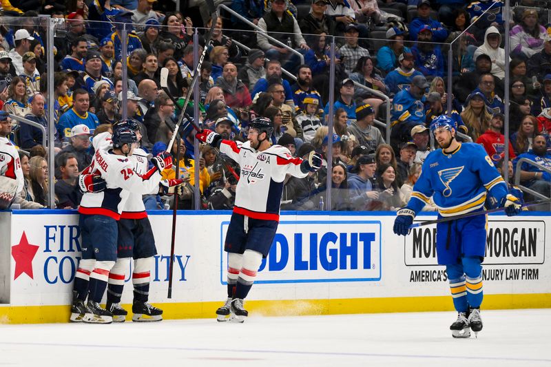 Nov 9, 2024; St. Louis, Missouri, USA;  Washington Capitals defenseman Jakob Chychrun (6) is congratulated by center Connor McMichael (24) and right wing Tom Wilson (43) after scoring against the St. Louis Blues during the second period at Enterprise Center. Mandatory Credit: Jeff Curry-Imagn Images