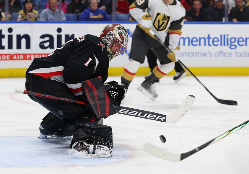 Mar 2, 2024; Buffalo, New York, USA;  Buffalo Sabres goaltender Ukko-Pekka Luukkonen (1) looks to make a save during the third period against the Vegas Golden Knights at KeyBank Center. Mandatory Credit: Timothy T. Ludwig-USA TODAY Sports