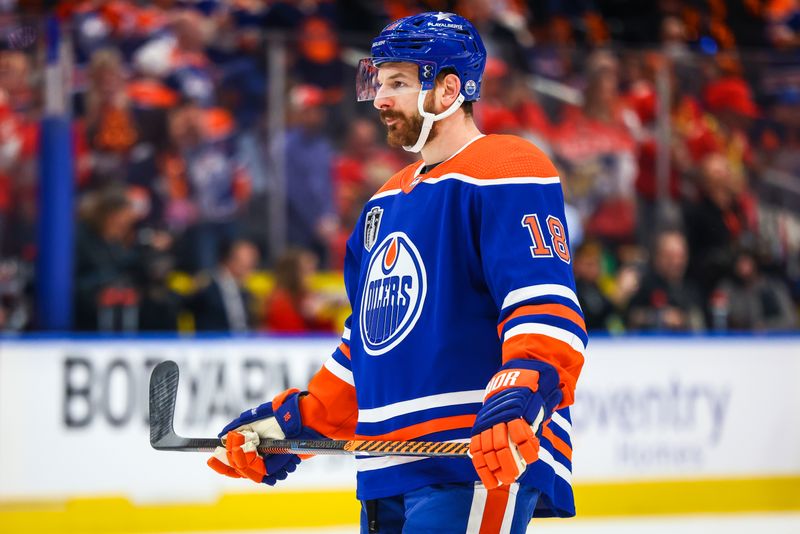 Jun 21, 2024; Edmonton, Alberta, CAN; Edmonton Oilers left wing Zach Hyman (18) during the warmup period against the Florida Panthers in game six of the 2024 Stanley Cup Final at Rogers Place. Mandatory Credit: Sergei Belski-USA TODAY Sports