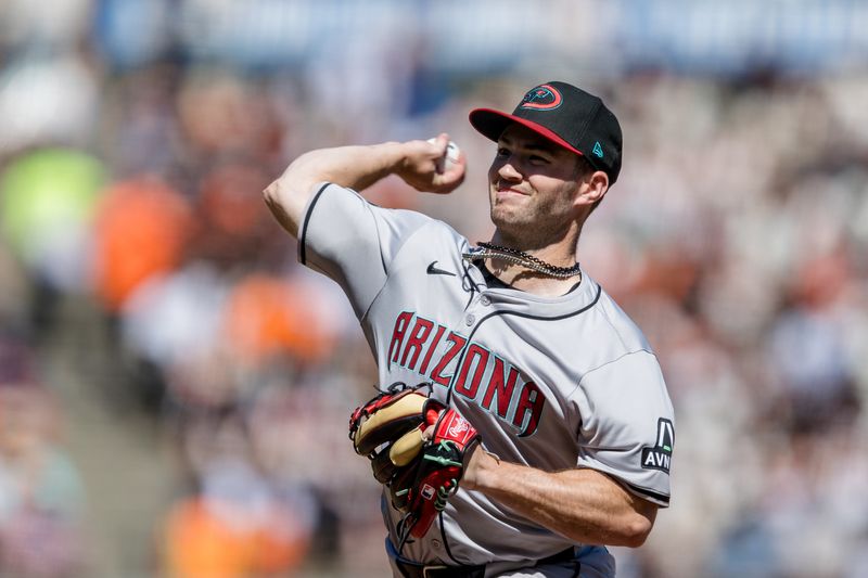 Apr 21, 2024; San Francisco, California, USA;  Arizona Diamondbacks pitcher Bryce Jarvis (40) throws against the San Francisco Giants during the seventh inning at Oracle Park. Mandatory Credit: John Hefti-USA TODAY Sports