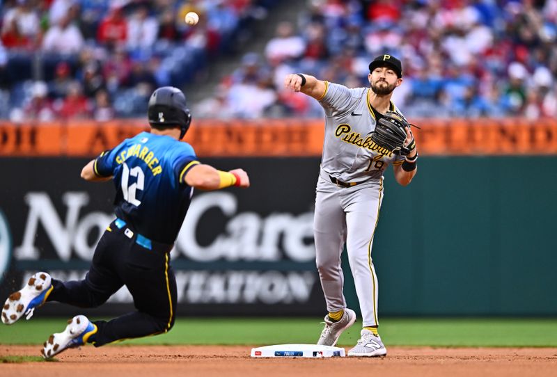 Apr 12, 2024; Philadelphia, Pennsylvania, USA; Pittsburgh Pirates second baseman Jared Triolo (19) turns a double play over Philadelphia Phillies designated hitter Kyle Schwarber (12) in the first inning at Citizens Bank Park. Mandatory Credit: Kyle Ross-USA TODAY Sports