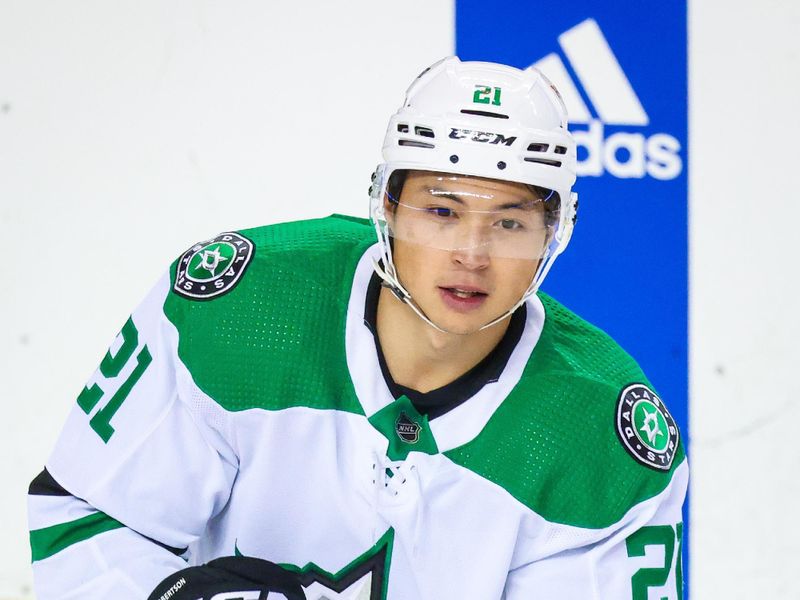 Nov 30, 2023; Calgary, Alberta, CAN; Dallas Stars left wing Jason Robertson (21) skates during the warmup period against the Calgary Flames at Scotiabank Saddledome. Mandatory Credit: Sergei Belski-USA TODAY Sports