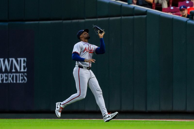 Sep 17, 2024; Cincinnati, Ohio, USA; Atlanta Braves outfielder Jorge Soler (2) catches a fly out hit by Cincinnati Reds designated hitter Santiago Espinal (not pictured) in the first inning at Great American Ball Park. Mandatory Credit: Katie Stratman-Imagn Images