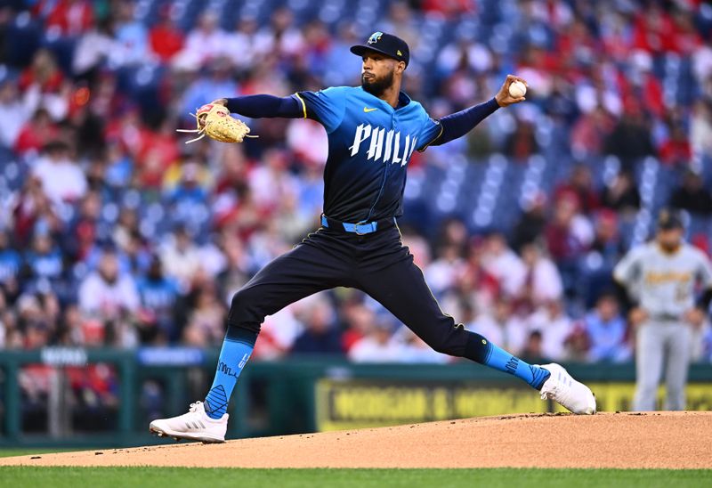 Apr 12, 2024; Philadelphia, Pennsylvania, USA; Philadelphia Phillies starting pitcher Cristopher Sanchez (61) throws a pitch against the Pittsburgh Pirates in the first inning at Citizens Bank Park. Mandatory Credit: Kyle Ross-USA TODAY Sports