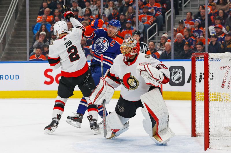 Jan 6, 2024; Edmonton, Alberta, CAN; Edmonton Oilers. forward Connor McDavid (97) battles with Ottawa Senators defensemen Arten Zub (2) in front of goaltender Anton Forsberg (31) during the first period at Rogers Place. Mandatory Credit: Perry Nelson-USA TODAY Sports