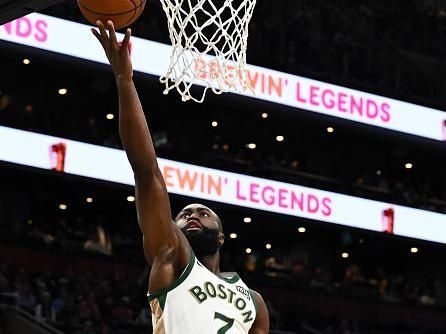 BOSTON, MASSACHUSETTS - NOVEMBER 28:  Jaylen Brown #7 of the Boston Celtics attempts a layup against the Chicago Bulls during the first quarter of an NBA In-Season Tournament game at the TD Garden on November 28, 2023 in Boston, Massachusetts. NOTE TO USER: User expressly acknowledges and agrees that, by downloading and or using this photograph, User is consenting to the terms and conditions of the Getty Images License Agreement. (Photo by Brian Fluharty/Getty Images)