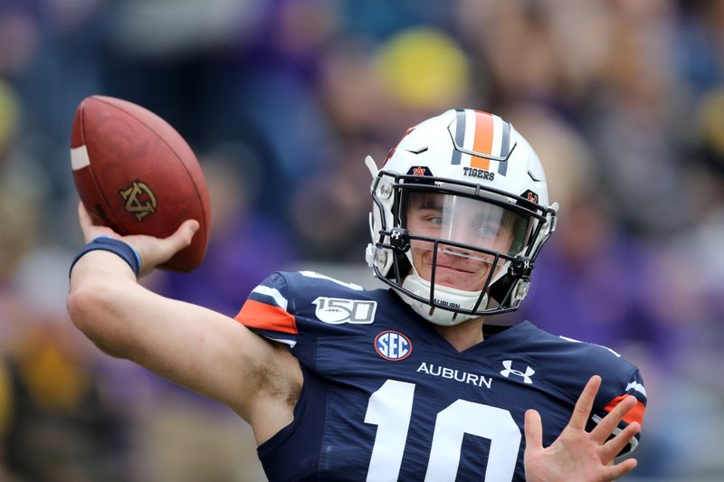 Oct 26, 2019; Baton Rouge, LA, USA; Auburn Tigers quarterback Bo Nix (10) warms up before their game against the LSU Tigers at Tiger Stadium. Mandatory Credit: Chuck Cook-USA TODAY Sports