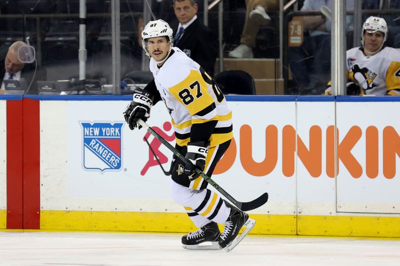 Dec 6, 2024; New York, New York, USA; Pittsburgh Penguins center Sidney Crosby (87) skates against the New York Rangers during the second period at Madison Square Garden. Mandatory Credit: Brad Penner-Imagn Images