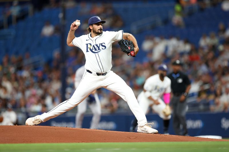 Jul 10, 2024; St. Petersburg, Florida, USA;  Tampa Bay Rays pitcher Zach Eflin (24) throws a pitch against the New York Yankees in the first inning at Tropicana Field. Mandatory Credit: Nathan Ray Seebeck-USA TODAY Sports