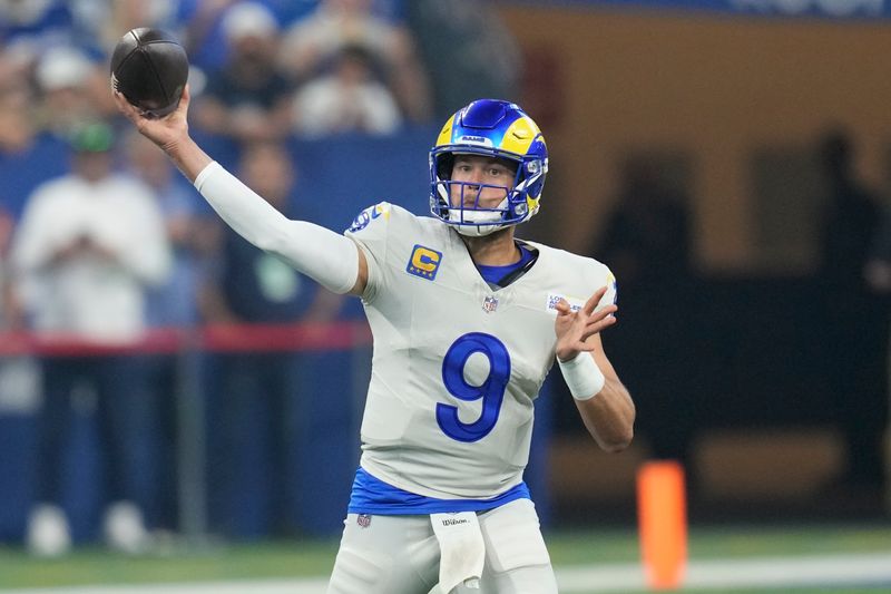 Los Angeles Rams quarterback Matthew Stafford throws a pass during the first half of an NFL football game against the Indianapolis Colts, Sunday, Oct. 1, 2023, in Indianapolis. (AP Photo/Michael Conroy)