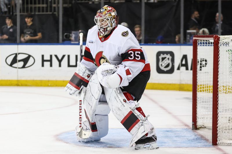 Nov 1, 2024; New York, New York, USA;  Ottawa Senators goaltender Linus Ullmark (35) defends the net in the second period against the New York Rangers at Madison Square Garden. Mandatory Credit: Wendell Cruz-Imagn Images