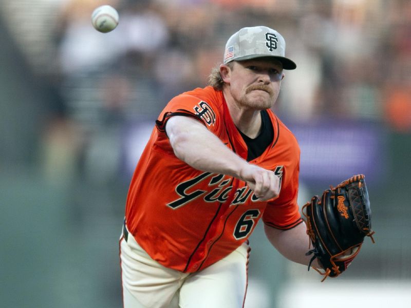 May 16, 2025; San Francisco, California, USA; San Francisco Giants starting pitcher Logan Webb (62) delivers a pitch against the Athletics during the first inning at Oracle Park. Mandatory Credit: D. Ross Cameron-Imagn Images