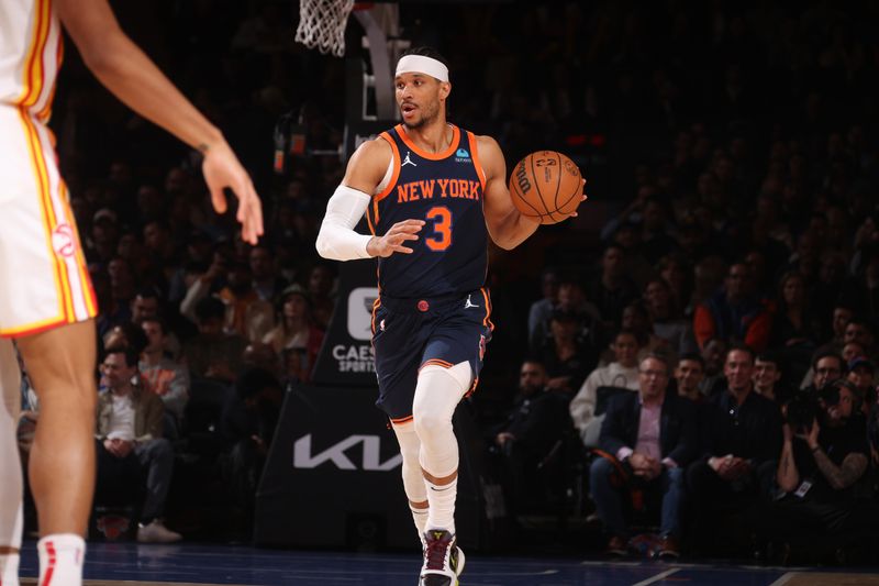 NEW YORK, NY - MARCH 5:  Josh Hart #3 of the New York Knicks handles the ball during the game against the Atlanta Hawks on March 5, 2024 at Madison Square Garden in New York City, New York.  NOTE TO USER: User expressly acknowledges and agrees that, by downloading and or using this photograph, User is consenting to the terms and conditions of the Getty Images License Agreement. Mandatory Copyright Notice: Copyright 2024 NBAE  (Photo by Nathaniel S. Butler/NBAE via Getty Images)