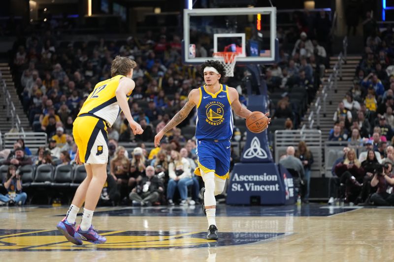 INDIANAPOLIS, IN - JANUARY 10: Gui Santos #15 of the Golden State Warriors dribbles the ball during the game against the Indiana Pacers on January 10, 2025 at Gainbridge Fieldhouse in Indianapolis, Indiana. NOTE TO USER: User expressly acknowledges and agrees that, by downloading and or using this Photograph, user is consenting to the terms and conditions of the Getty Images License Agreement. Mandatory Copyright Notice: Copyright 2025 NBAE (Photo by A.J. Mast/NBAE via Getty Images)