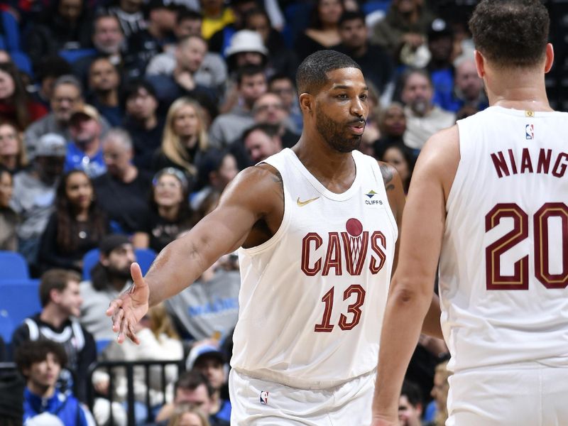 ORLANDO, FL - JANUARY 22: Tristan Thompson #13 of the Cleveland Cavaliers reacts during the game against the Orlando Magic on January 22, 2024 at Kia Center in Orlando, Florida. NOTE TO USER: User expressly acknowledges and agrees that, by downloading and or using this photograph, User is consenting to the terms and conditions of the Getty Images License Agreement. Mandatory Copyright Notice: Copyright 2024 NBAE (Photo by Fernando Medina/NBAE via Getty Images)