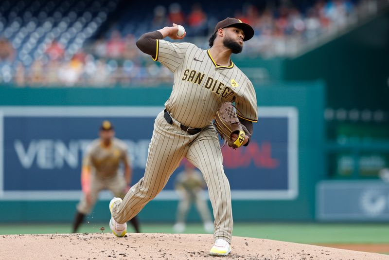 Jul 23, 2024; Washington, District of Columbia, USA; San Diego Padres starting pitcher Randy Vasquez (98) pitches against the Washington Nationals during the first inning at Nationals Park. Mandatory Credit: Geoff Burke-USA TODAY Sports