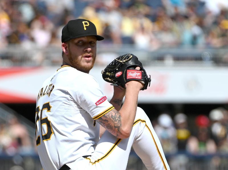 Jul 6, 2024; Pittsburgh, Pennsylvania, USA;  Pittsburgh Pirates starting pitcher Bailey Falter (26) delivers a second-inning pitch against the New York Mets at PNC Park. Mandatory Credit: Philip G. Pavely-USA TODAY Sports