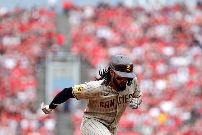 Jul 2, 2023; Cincinnati, Ohio, USA; San Diego Padres right fielder Fernando Tatis Jr. (23) runs the bases after hitting a solo home run against the Cincinnati Reds during the eighth inning at Great American Ball Park. Mandatory Credit: David Kohl-USA TODAY Sports