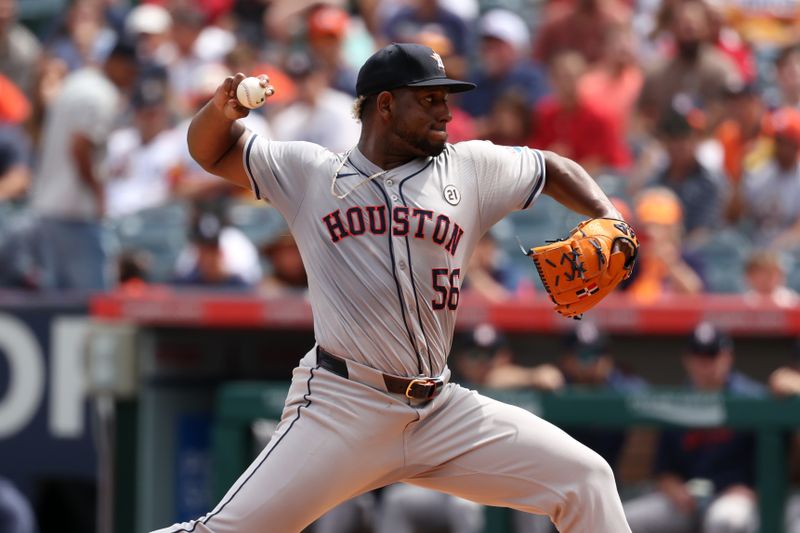 Sep 15, 2024; Anaheim, California, USA;  Houston Astros starting pitcher Ronel Blanco (56) pitches during the first inning against the Los Angeles Angels at Angel Stadium. Mandatory Credit: Kiyoshi Mio-Imagn Images