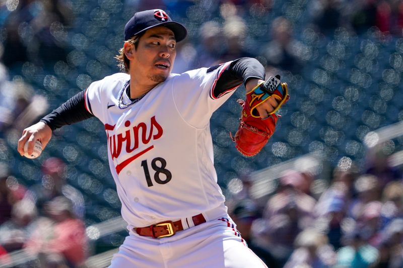 Apr 26, 2023; Minneapolis, Minnesota, USA; Minnesota Twins pitcher Kenta Maeda (18) delivers a pitch against the New York Yankees at Target Field. Mandatory Credit: Nick Wosika-USA TODAY Sports

