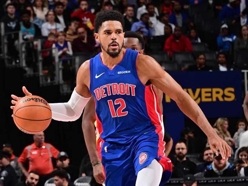 DETROIT, MI - NOVEMBER 8: Tobias Harris #12 of the Detroit Pistons dribbles the ball during the game against the Atlanta Hawks on November  8, 2024 at Little Caesars Arena in Detroit, Michigan. NOTE TO USER: User expressly acknowledges and agrees that, by downloading and/or using this photograph, User is consenting to the terms and conditions of the Getty Images License Agreement. Mandatory Copyright Notice: Copyright 2024 NBAE (Photo by Chris Schwegler/NBAE via Getty Images)