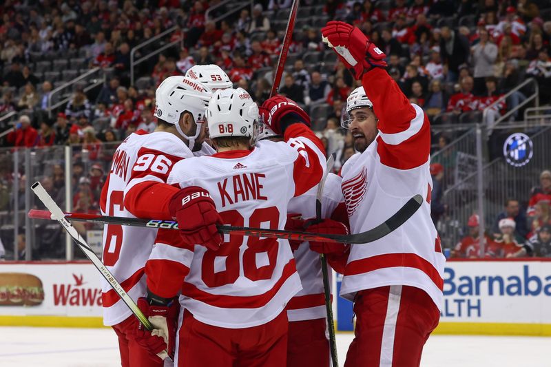 Dec 23, 2023; Newark, New Jersey, USA; Detroit Red Wings right wing Patrick Kane (88) celebrates his goal against the New Jersey Devils during the first period at Prudential Center. Mandatory Credit: Ed Mulholland-USA TODAY Sports