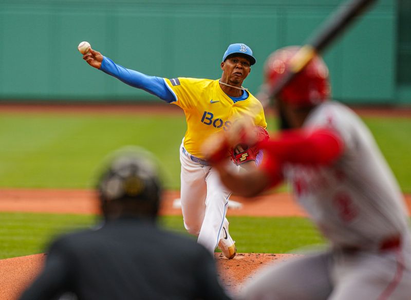 Apr 14, 2024; Boston, Massachusetts, USA; Boston Red Sox pitcher Brayan Bello (66) throws a pitch against the Los Angeles Angels in the first inning at Fenway Park. Mandatory Credit: David Butler II-USA TODAY Sports