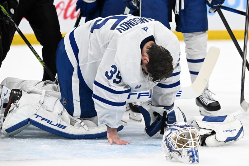 Apr 22, 2024; Boston, Massachusetts, USA; Toronto Maple Leafs goaltender Ilya Samsonov (35) takes off his mask during play in the first period against the Boston Bruins  in game two of the first round of the 2024 Stanley Cup Playoffs at TD Garden. Mandatory Credit: Brian Fluharty-USA TODAY Sports