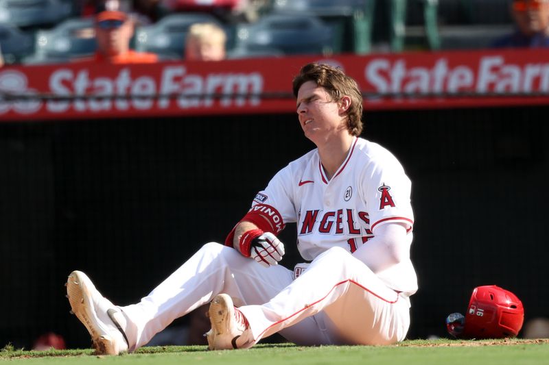 Sep 15, 2024; Anaheim, California, USA;  Los Angeles Angels center fielder Mickey Moniak (16) reacts after being hit by a pitch during the ninth inning against the Houston Astros at Angel Stadium. Mandatory Credit: Kiyoshi Mio-Imagn Images