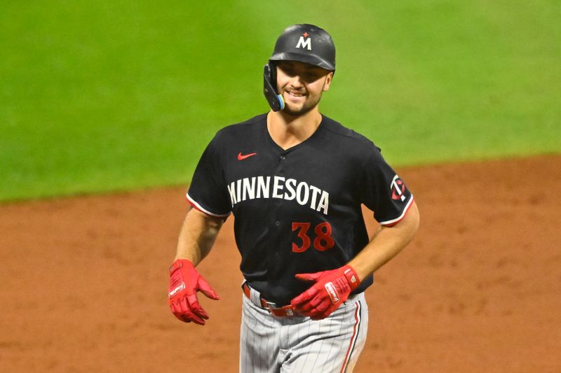 Sep 4, 2023; Cleveland, Ohio, USA; Minnesota Twins left fielder Matt Wallner (38) runs the bases after his two-run home run in the ninth inning against the Cleveland Guardians at Progressive Field. Mandatory Credit: David Richard-USA TODAY Sports