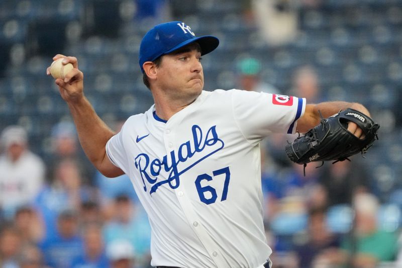 Aug 19, 2024; Kansas City, Missouri, USA; Kansas City Royals starting pitcher Seth Lugo (67) delivers a pitch against the Los Angeles Angels in the first inning at Kauffman Stadium. Mandatory Credit: Denny Medley-USA TODAY Sports